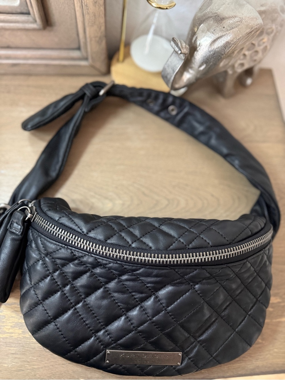 Kurt Geiger Black Quilted Leather Crossbody Belt Bag